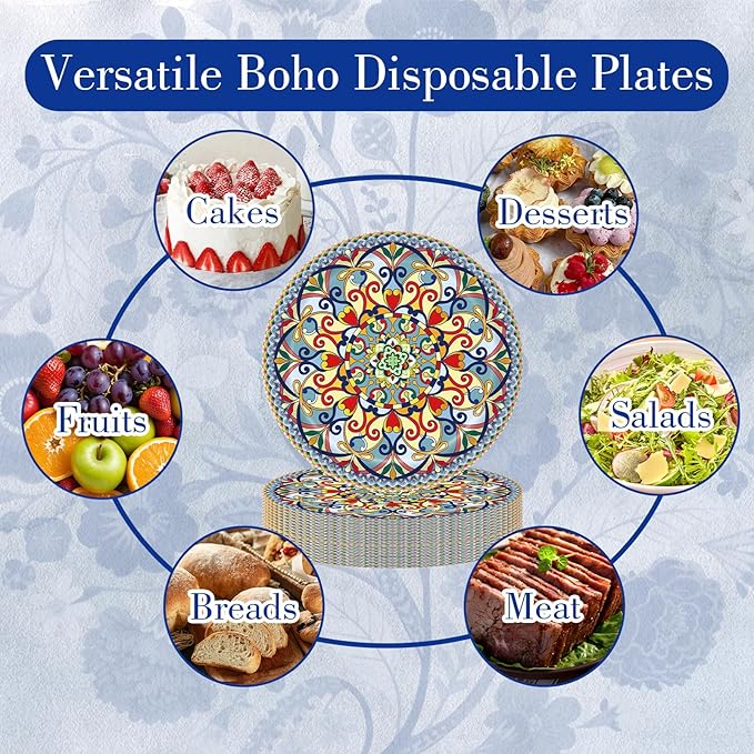 100PCS Boho Paper Plates–Vintage Bohemian Style Disposable Plates, Dessert - Image 4