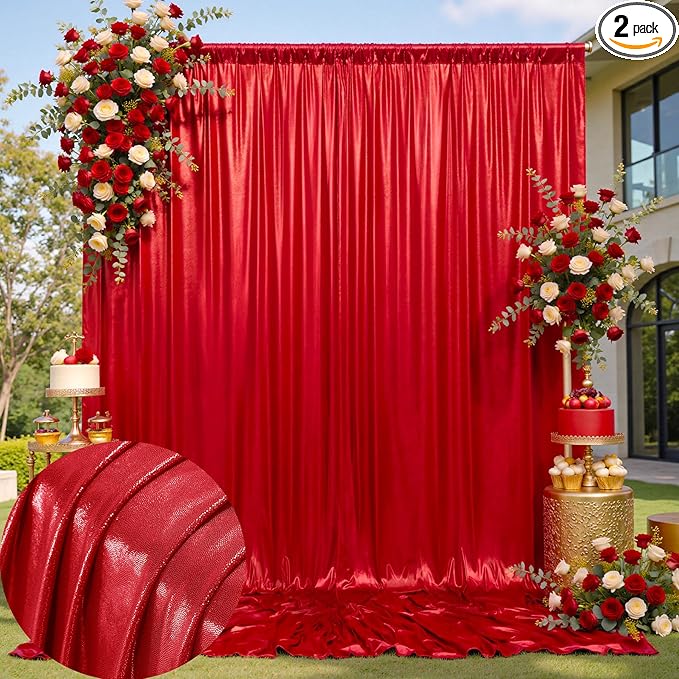 10x10 ft Wrinkle Free Red Sequin Backdrop Curtain by ENJOYYOURPARTY