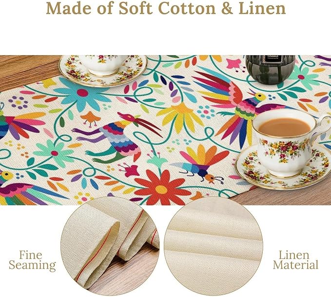 Mexican Table Runner, Boho Colorful Nature Inspired Flowers and Birds Table - Image 5