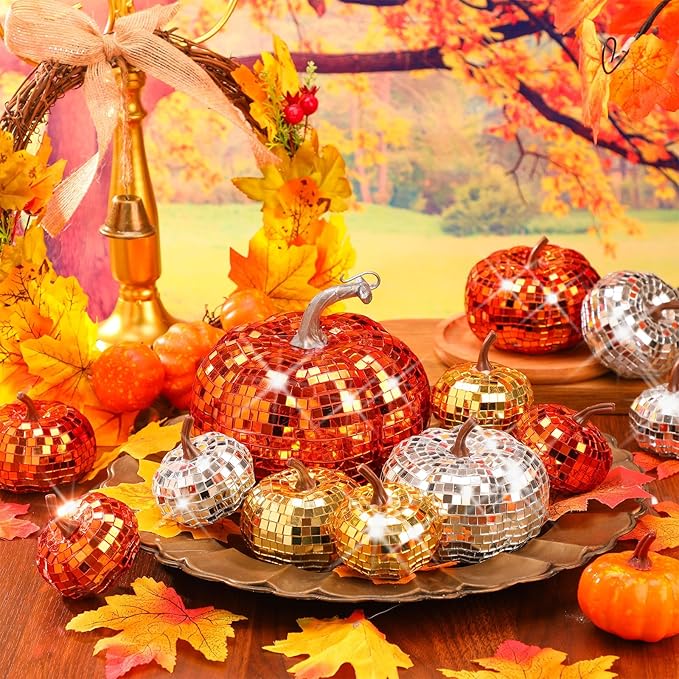 Lenwen 12 Pcs Artificial Disco Pumpkin Glitter Mirror Pumpkin - Image 5