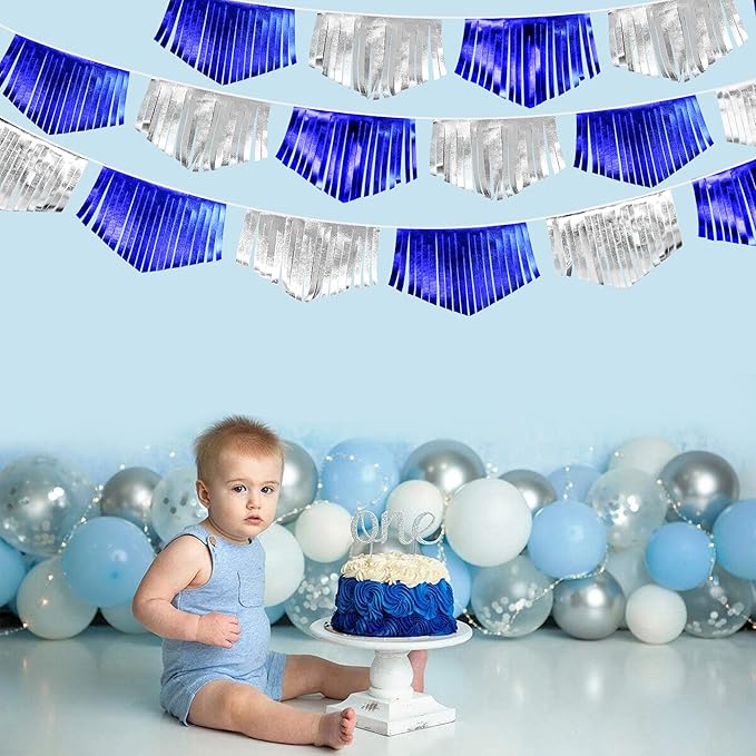 Royal Blue Silver Tassel Banner Metallic Fabric Pennant Bunting Flag - Image 5