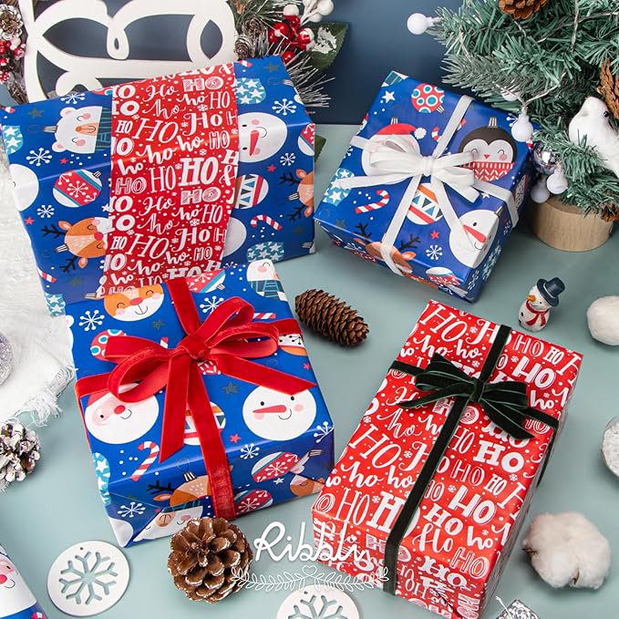 Ribbli Blue Christmas Wrapping Paper Reversible Cute Christmas elements Gift - Image 5