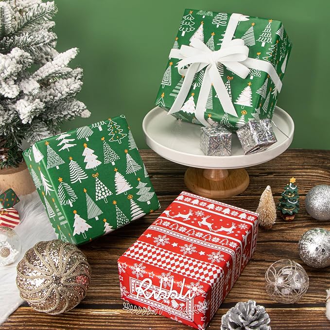Ribbli Christmas Wrapping Paper Reversible Green Christmas Tree and Red - Image 4