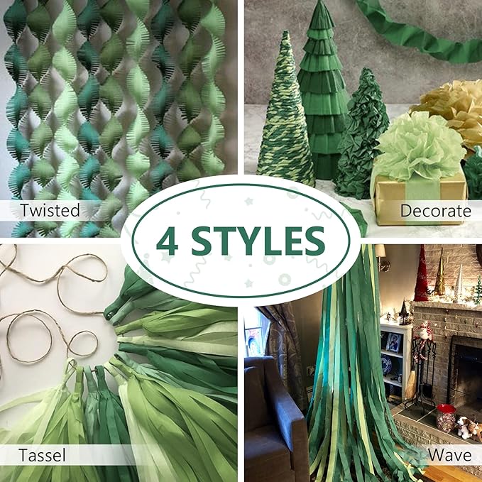 PartyWoo Dark Green Crepe Paper Streamers 4pcs 328ft Pack of Sage Emerald - Image 6