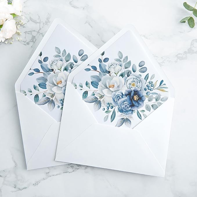 PONATIA 50PCS A7 Euro Flap White Envelope, 5.25 x 7.25'' Dusty Blue Flowers - Image 7