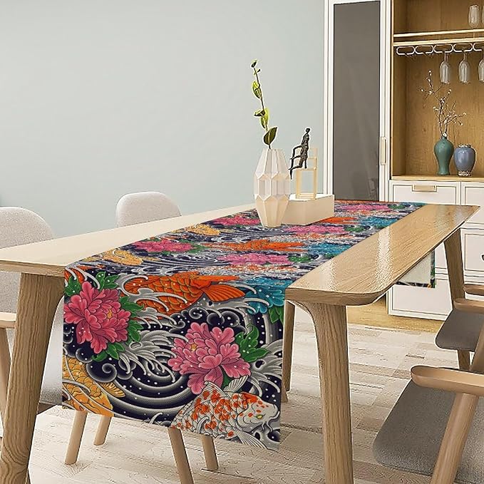 Japanese Retro Flowers Table Runner Oriental Tradition Kio Fish Art Printed - Image 5