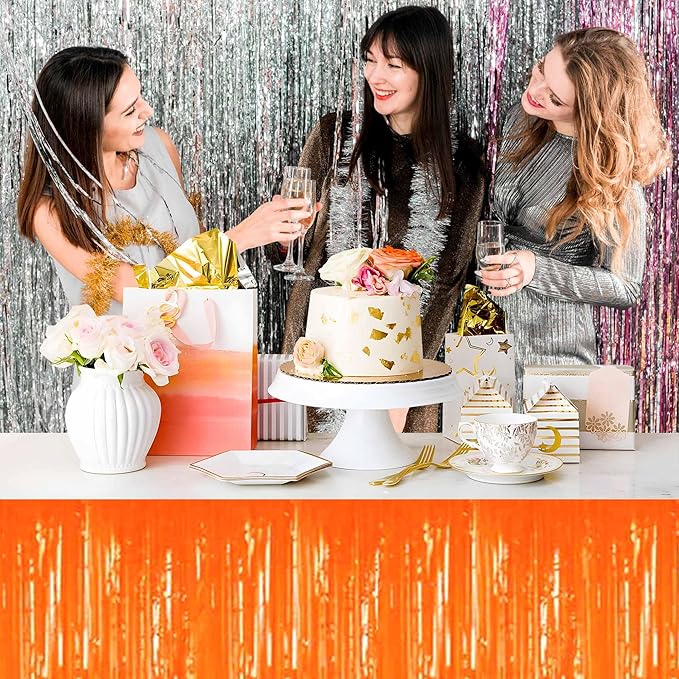 3 Pack 29 x108 Inch Macaron Orange Foil Fringe Table Skirts Metallic Banner - Image 7