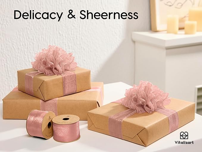 Vitalizart Pink Organza Ribbon 1.5" x 30 Yd Rose Gold Sheer Ribbons - Image 4