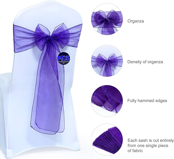 MDS Pack of 125 PCS Organza Chair Sashes Wider Dining Chair Bows Ribbon Tie Back - Image 2