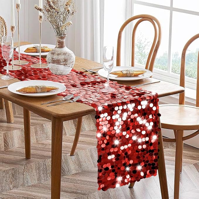 VHH Sequin Table Runner 12 x 108 inches Red Table Runner, Glitter Runner - Image 3