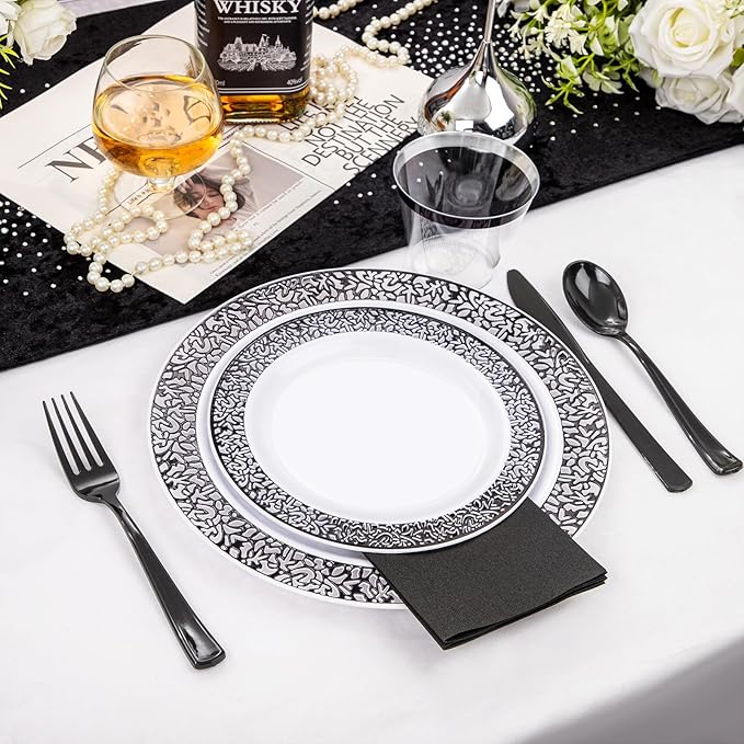 WELLIFE 350Pcs Black Plastic Dinnerware and Napkins Party Supplies Include:50 - Image 6