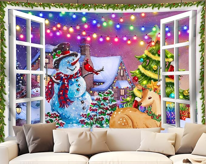 QGHOT Christmas Window Tapestry Wall Hanging, Christmas Backdrop Winter Window - Image 5