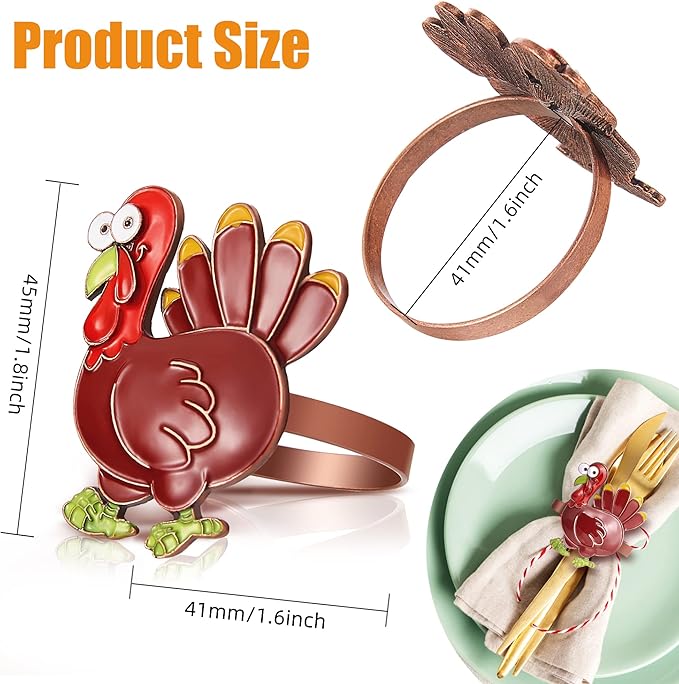 Halatool Thanksgiving Colorful Turkey Napkin Rings Set of 6, Funny Metal - Image 3