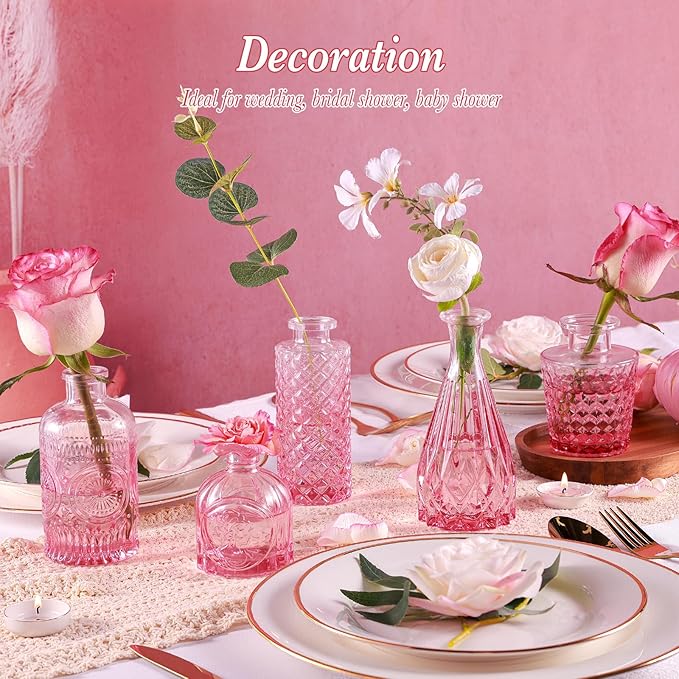 Pink Glass Bud Vases Set of 5, Mini Flower Vase - Image 2