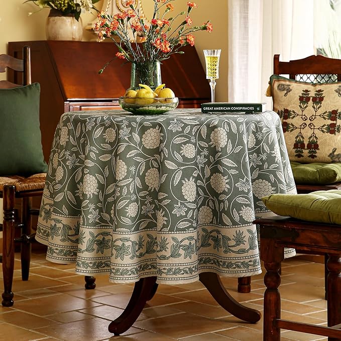 ISAENNE Designer Grayish Green Linen Small Round Tablecloth, Floral Stain - Image 3