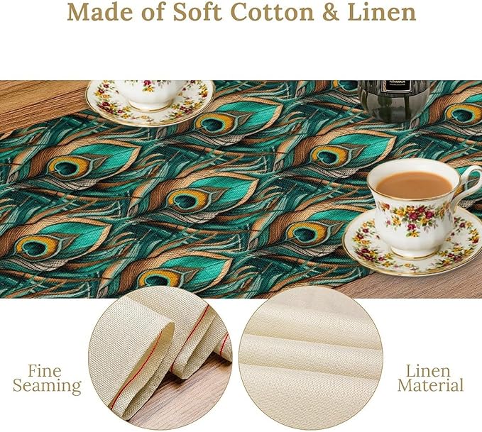 Peacock Feather Table Runner, Retro Aesthetic Green Table Runner - Image 5