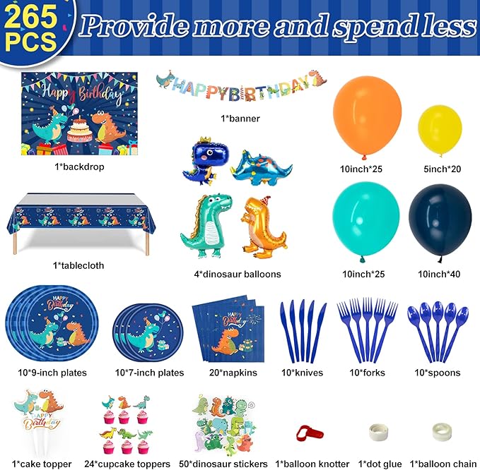 265 PCS Dinosaur Party Decorations, Customized Backdrop, Happy Birthday Banner - Image 3