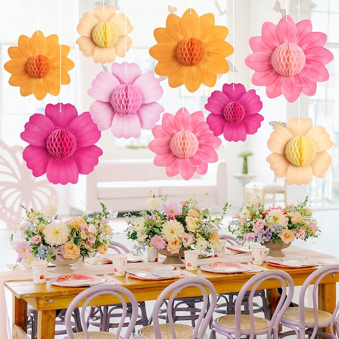 SUNBEAUTY 9 PCS Hot Pink and Orange Party Decorations Fall Large Hanging Paper - Image 7