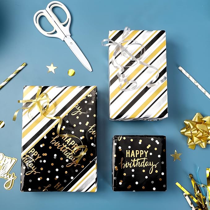 LeZakaa Reversible Black Birthday Wrapping Paper Roll - Image 3