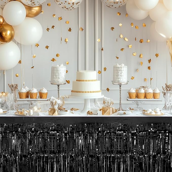 2 Pack Black Orange Table Skirts, 29x108" Metallic Foil Tinsel Fringe Table - Image 5