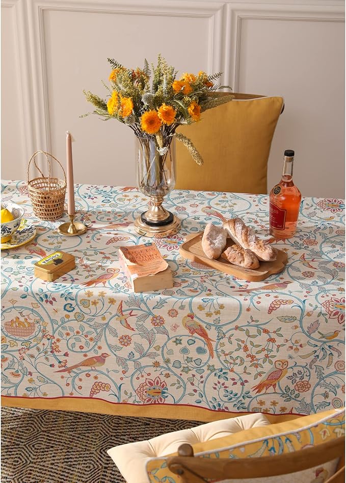 patdrea Designer Vintage French Rectangular Tablecloth, Floral Birds Pattern - Image 7