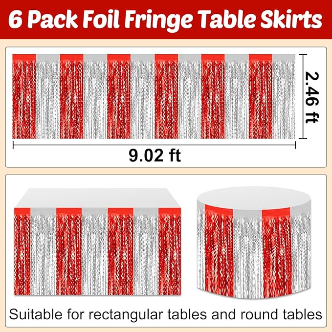 6 Pack 29x108 Inch Red Silver Wave Foil Fringe Table Skirts Metallic Banner - Image 2