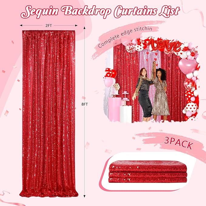 Red Curtains Birthday Sequin Backdrop, 3 Pack 2ft x 8ft Party Photography - Image 2