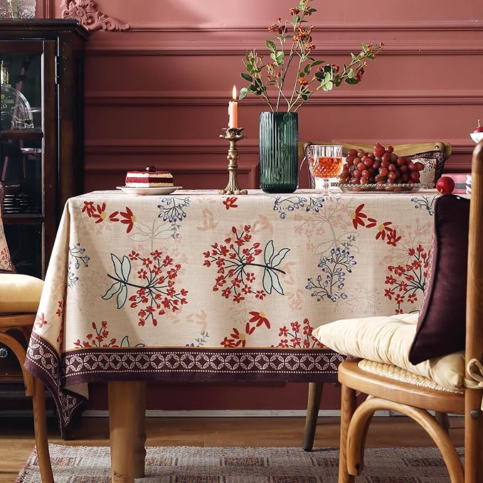 patdrea Designer Linen Small Rectangular Table Cloth, French Vintage Red Floral - Image 2