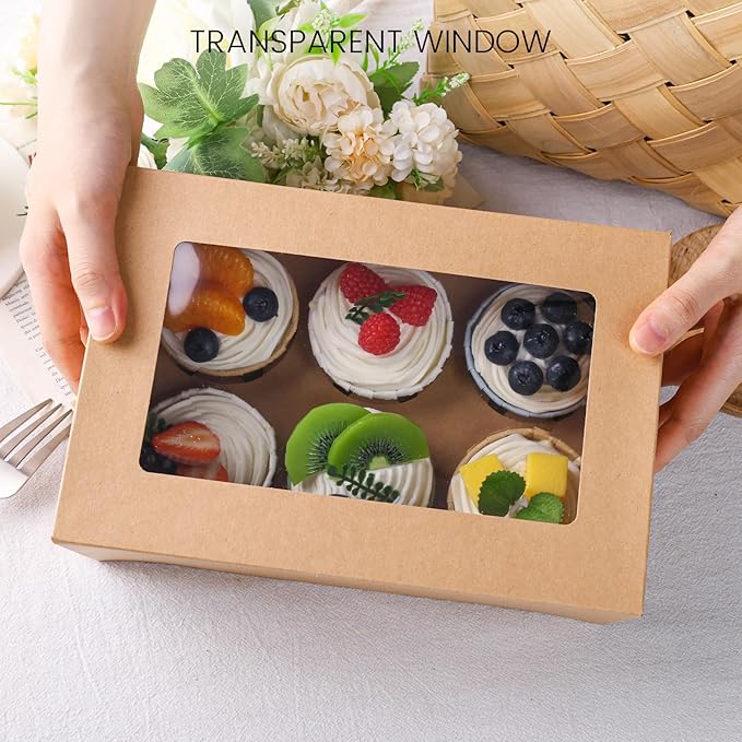 HANSGO 6 PCS Cupcake Boxes, 9.5x6.3x3.5 Inch Cupcake Containers Brown Pastry - Image 4
