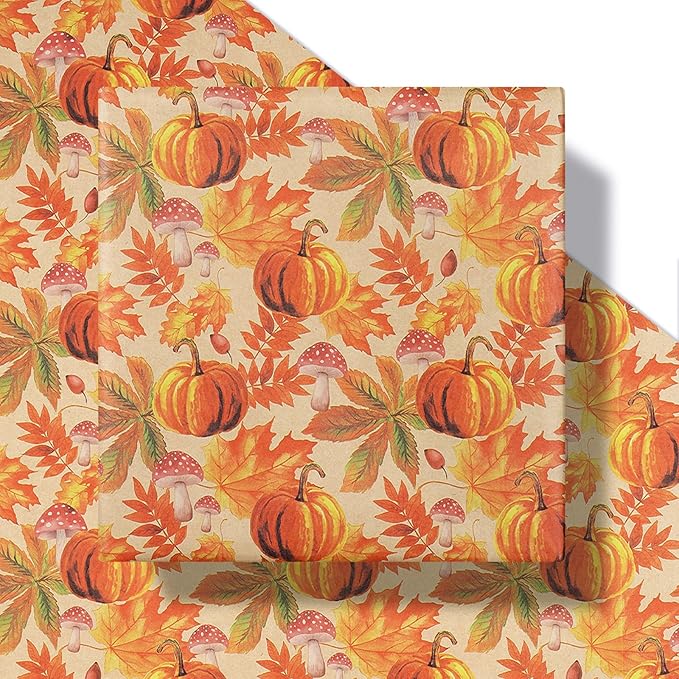 RUSPEPA Fall Wrapping Paper Roll, Mini Roll, Watercolor Pumpkin, Autumn Leaf - Image 2