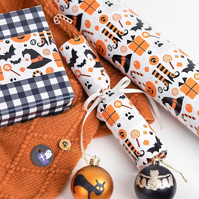 LeZakaa Halloween Wrapping Paper, Cute Pumpkin Witch Bat Candy Print, Buffalo - Image 5