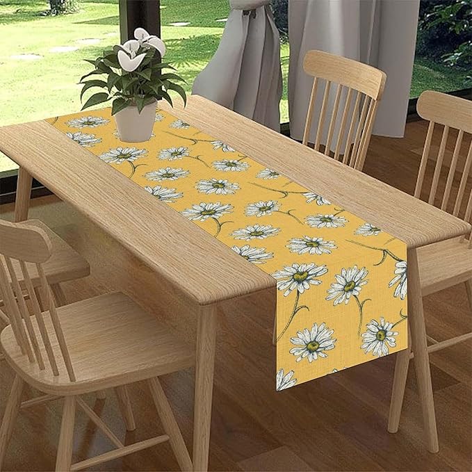 Farmhouse Floral Table Runner, Spring Seasonal Daisy Flower Retro Wooden - Image 3