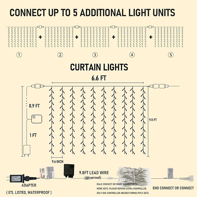 Dazzle Bright 300 LED Curtain Lights, Plug in Fairy Curtain Lights - Image 2