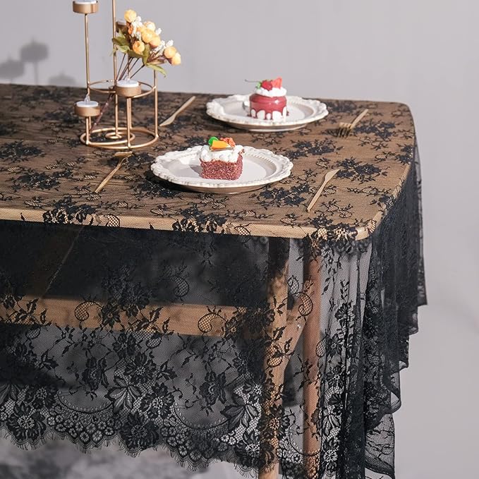 TINWIN Rectangle Lace Tablecloth 60x120 Inch Black Vintage Runner Eyelash Fabric - Image 2