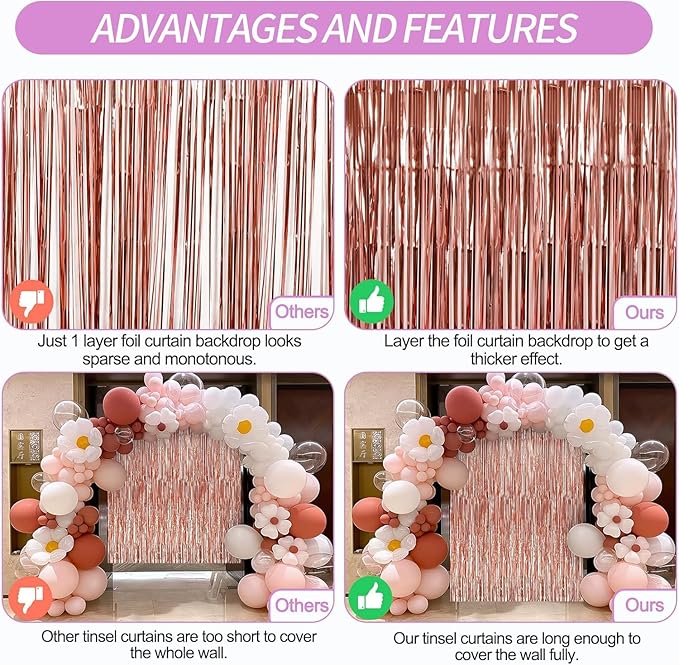 Crosize 8 Pack 3.3 x 9.9 ft Rose Gold Foil Fringe Curtains Party Decorations - Image 4