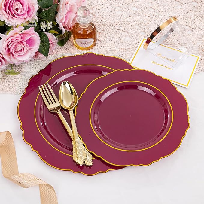 Liacere 350PCS Red Plastic Plates-Disposable Burgundy Red and Gold Plates - Image 6