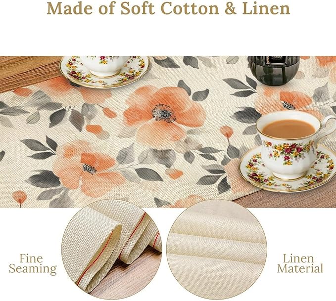 Floral Fall Table Runner, Rustic Watercolor Orange Flowers Seasonal Summer - Image 4