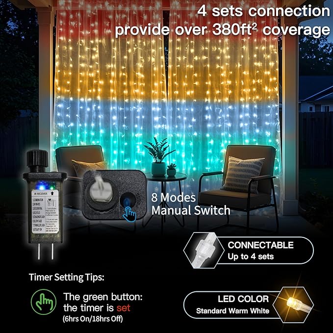 suddus Curtain Lights, 300 Led 9.8 * 9.8ft Sunset Curtain Fairy Lights - Image 4