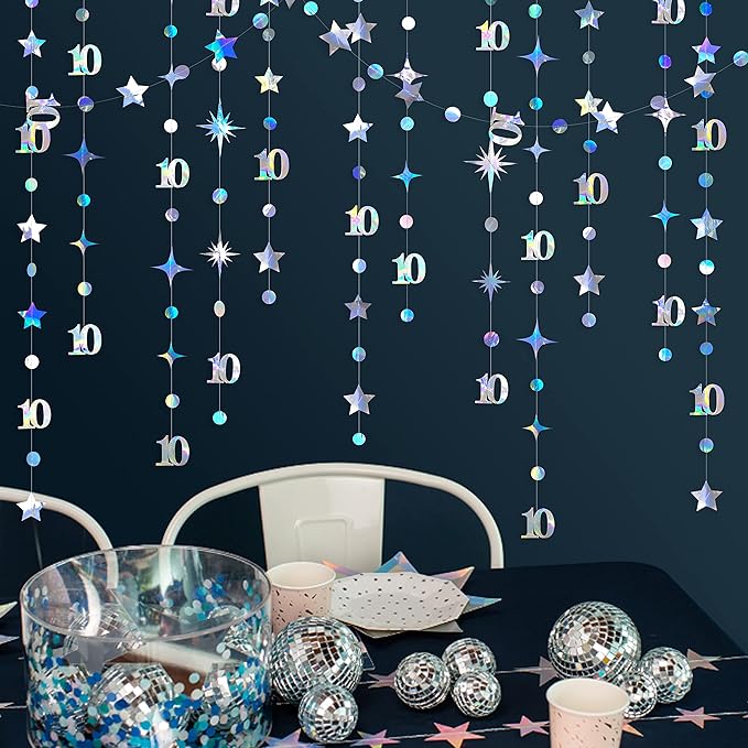Iridescent 10th Birthday Decorations Number 10 Circle Dot Twinkle Star Garland - Image 4
