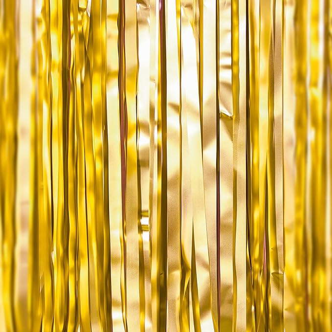 PartyWoo Gold Streamers Curtain Backdrop 3pcs Foil Fringe Curtain 8.2FT Gold - Image 2
