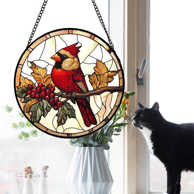 Stained Glass Window Hanging, Birds on a Branch Cardinal Sun Catchers Diamond - Image 3