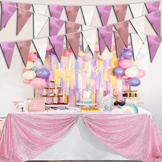 40M/130FT Rose-Gold Pink Triangle Pennant Banner Flag Metallic Fabric Bunting - Image 4