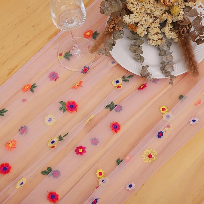 BINBE 3pcs Pink Daisy Fall Table Runner Embroidery Gauze 10FT Florals Seasonal - Image 4