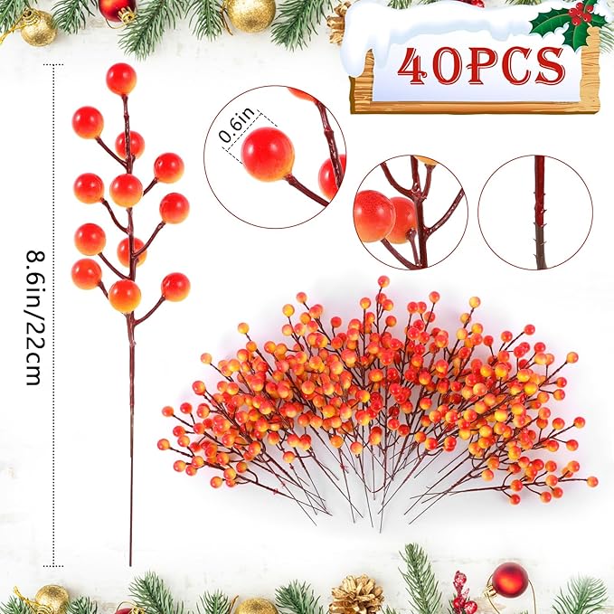 40 Pcs Artificial Berry Stems Branches, Fall Halloween Faux Holly Berries Picks - Image 2