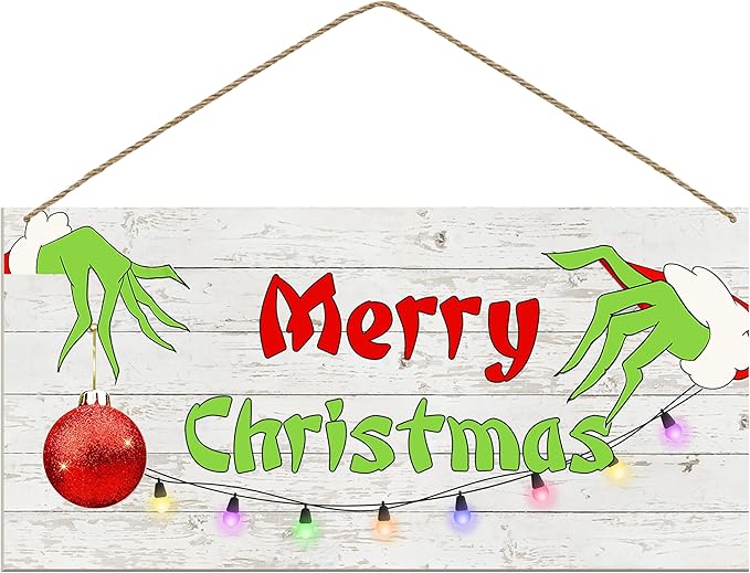 Merry Christmas Hanging Door Sign, Crazy Funny Green Festive Wooden Wall by WTTORDE