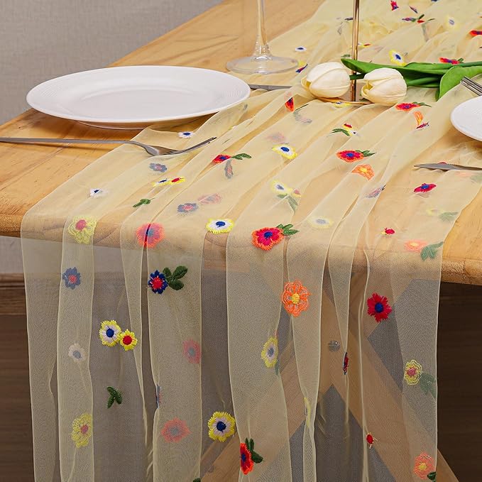 BINBE 1pcs Daisy Fall Table Runner Embroidery Gauze 10FT Florals Seasonal Tulle - Image 6