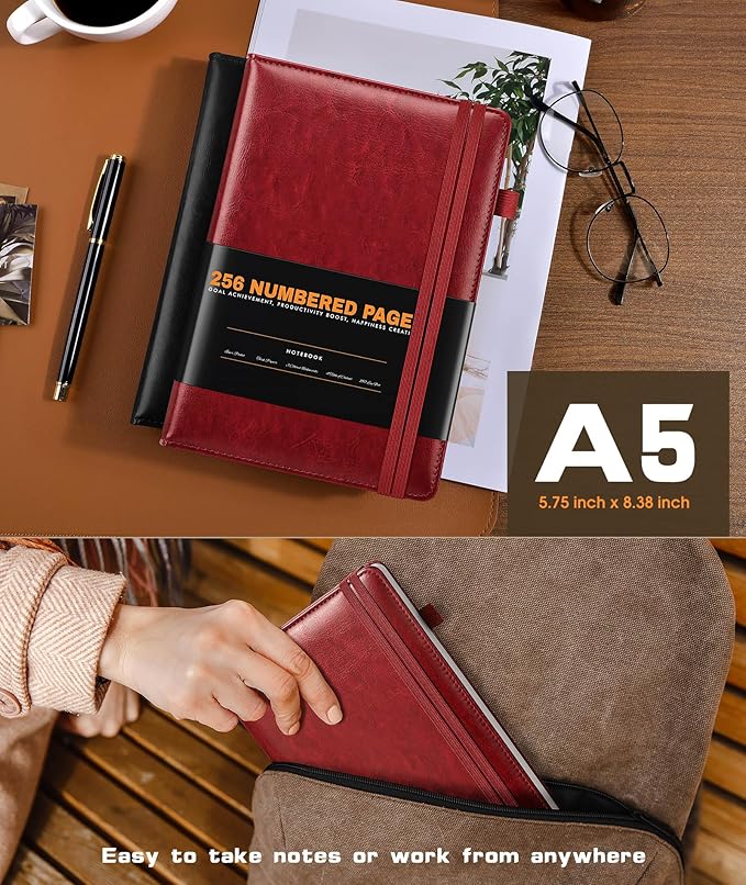 Lined Journal Notebook for Women Men, 256 Numbered Pages Hardcover Leather - Image 3