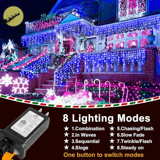 Christmas Lights Outdoor Decorations 1216 LED 99ft 8 Modes Curtain Fairy String - Image 2