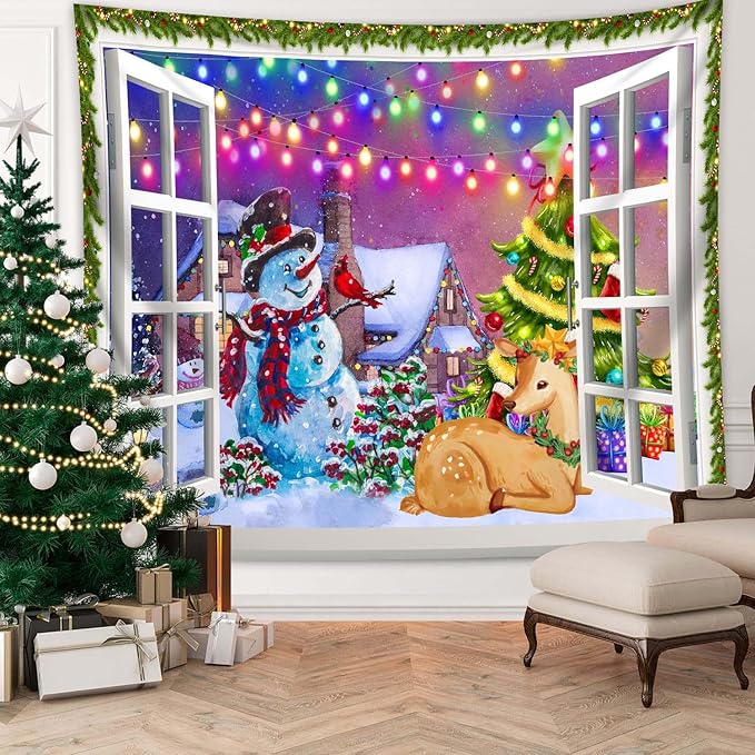 QGHOT Christmas Window Tapestry Wall Hanging, Christmas Backdrop Winter Window - Image 2