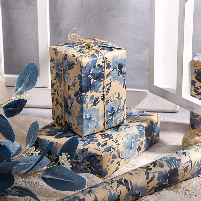 RUSPEPA Blue Floral Gift Wrapping Paper, Indigo Gift Wrap, Watercolor Flower - Image 3